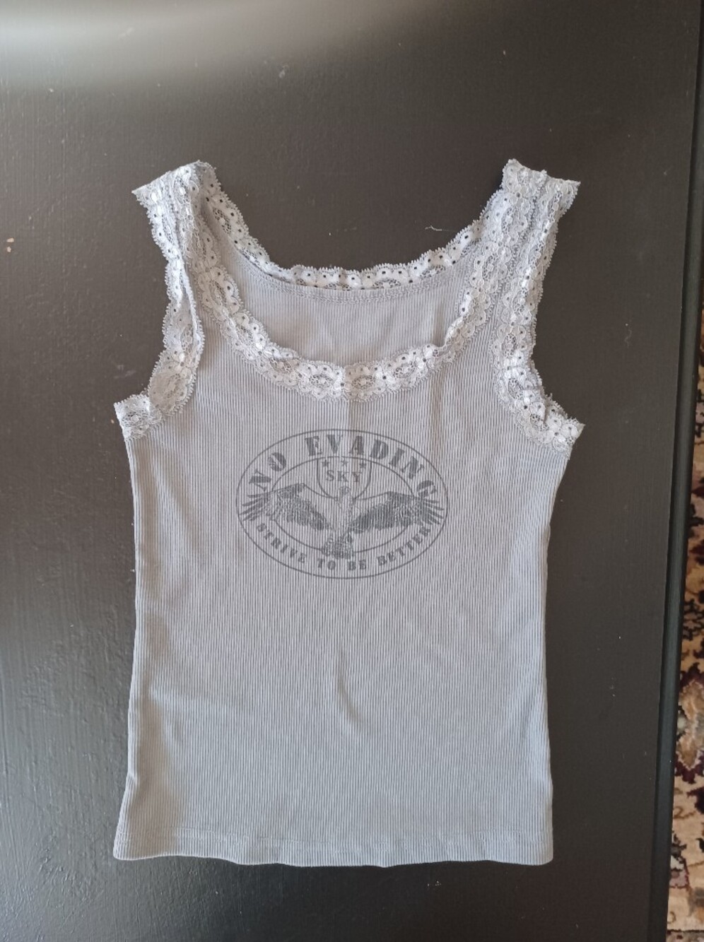Striped Lace Trim Tank Top in Light Gray